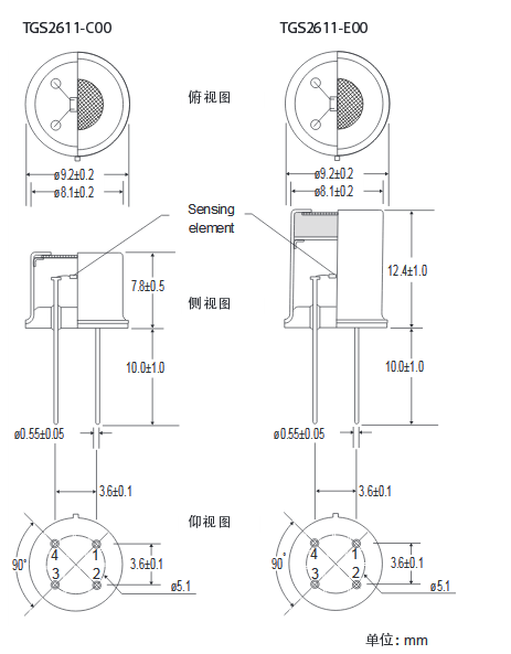 可燃?xì)怏w傳感器TGS2611結(jié)構(gòu)以及尺寸